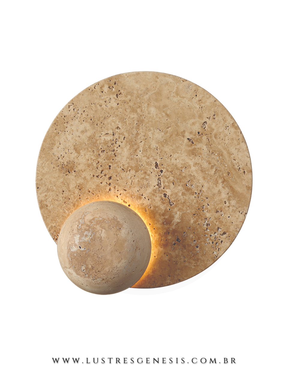 Arandela de pedra travertino Bellagio redonda de 23cm com iluminação de 500 lúmens, ideal para cabeceira de cama e lavabos.